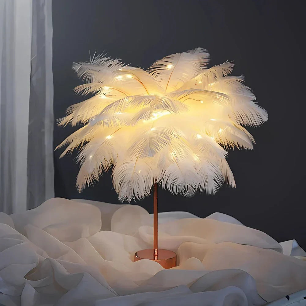 Feather Table Lamp With Metal Stem and Round Base for Ambient Lighting