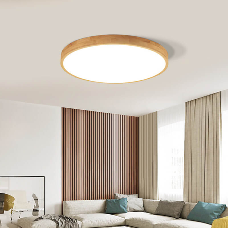 Nordic Round LED Flush Mount Ceiling Light with Natural Wood Frame