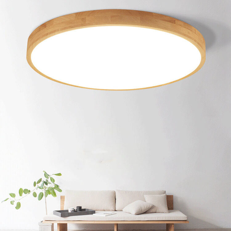 Nordic Round LED Flush Mount Ceiling Light with Natural Wood Frame