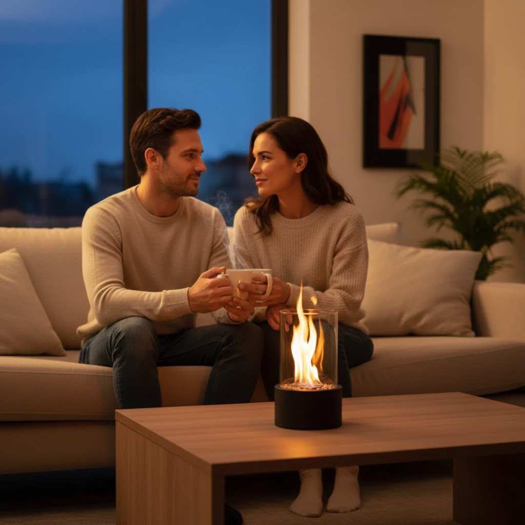 Tabletop Bioethanol Fireplace With Glass Cylinder And Metal Base
