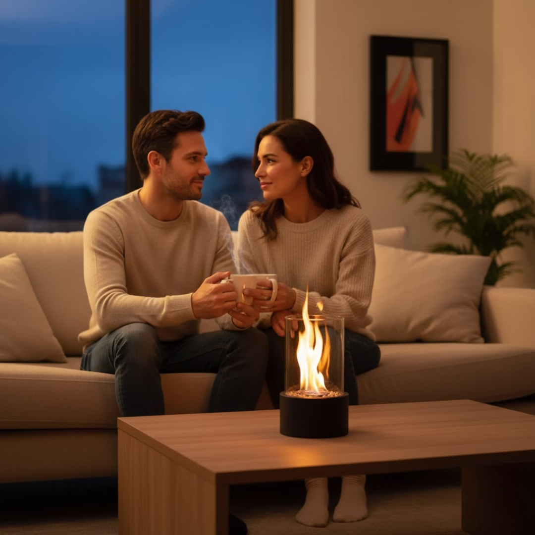 Tabletop Bioethanol Fireplace With Glass Cylinder And Metal Base