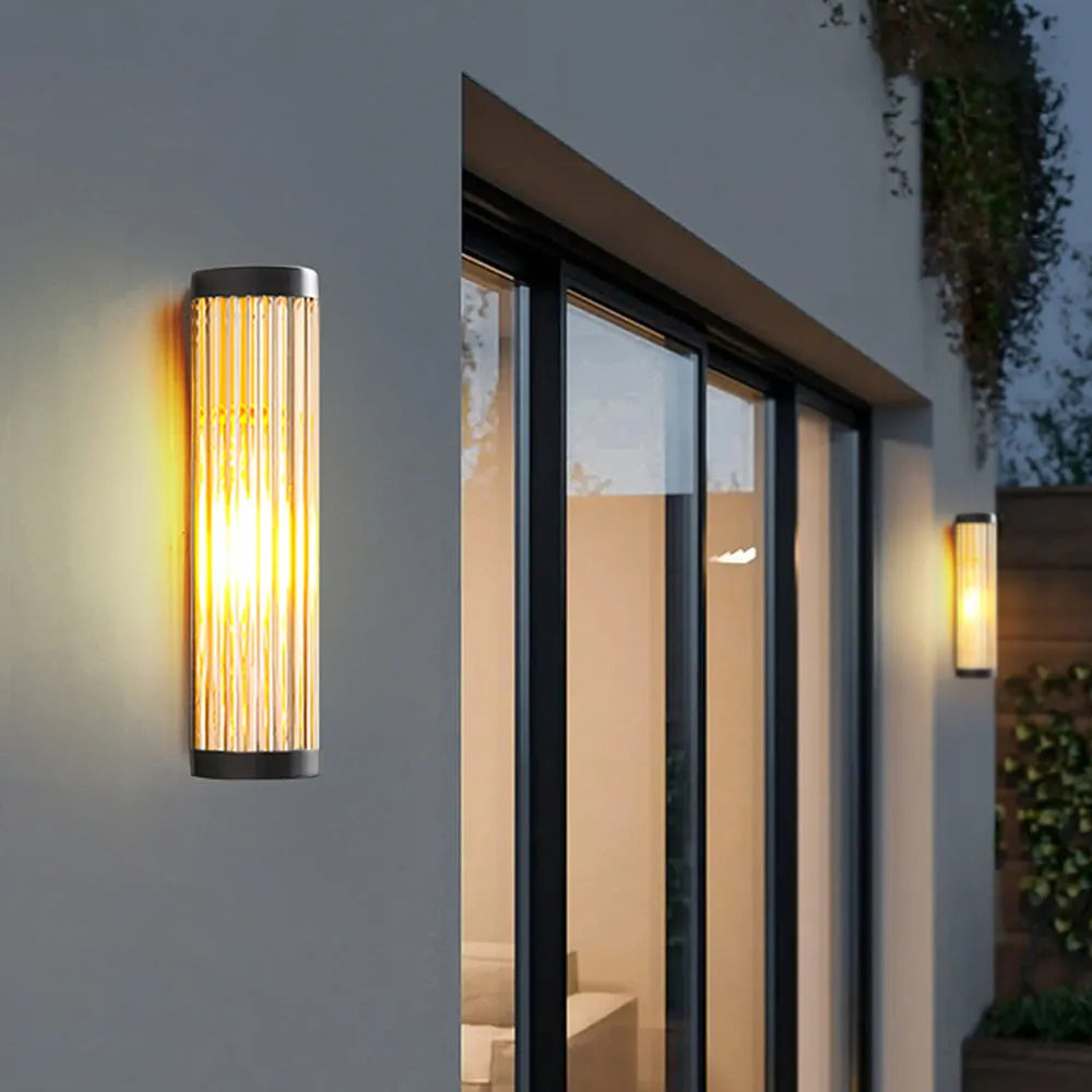 Modern Semi Cylinder Outdoor Wall Sconce Light With Metal Frame And Glass Shade