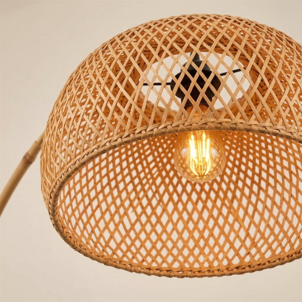 Nelvara Adjustable Arc Floor Lamp With Woven Rattan Shade And Marble Base