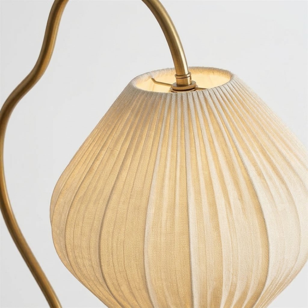 Lanaris Arc Floor Lamp with Pleated Fabric Shade and Walnut Finish Pole