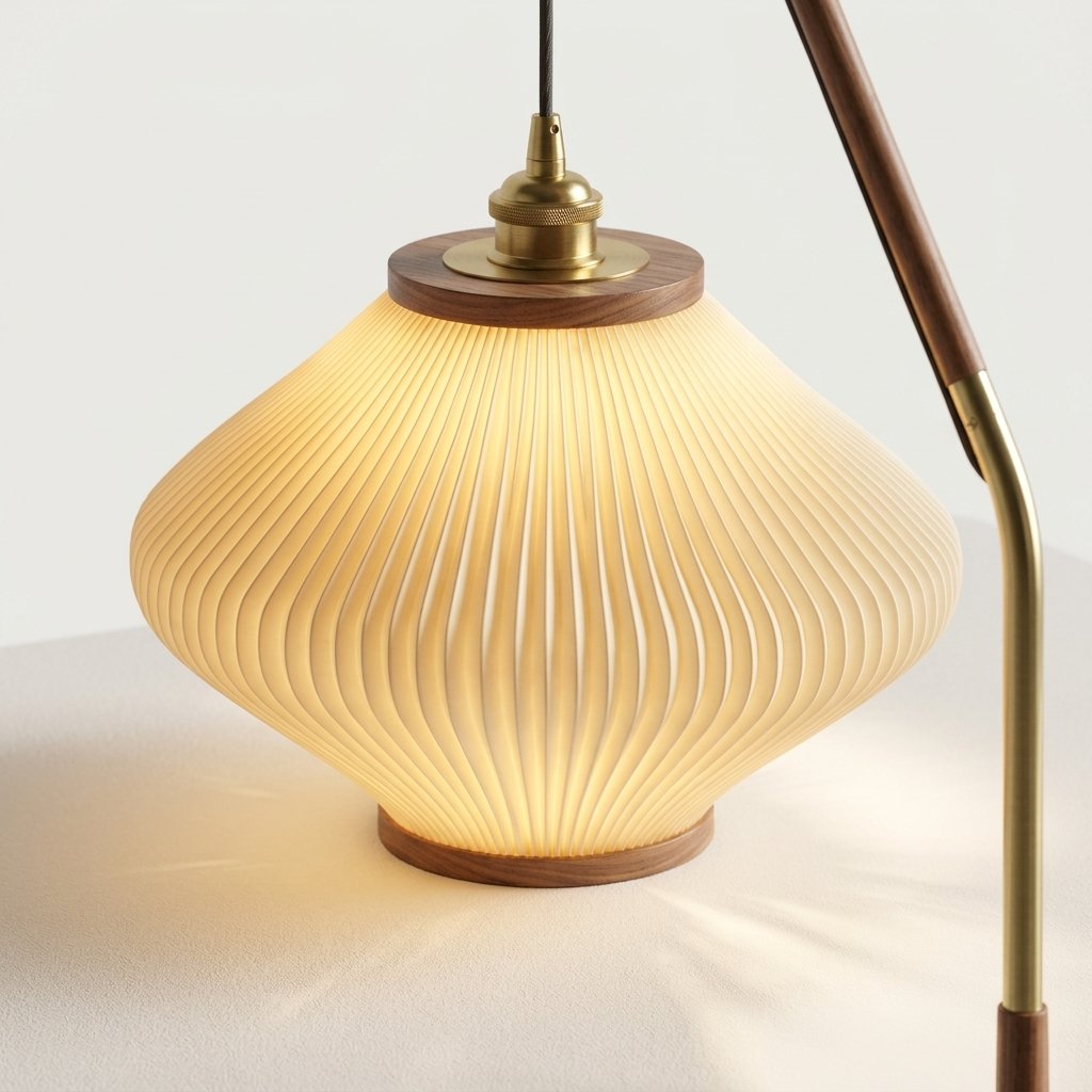Arcivello Pleated Arc Floor Lamp with Walnut Tone Arm and Cream Ribbed Shade