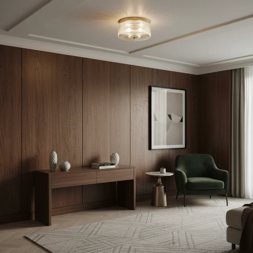 Round Ribbed Glass Ceiling Light with Gold Finish for Ambient Lighting