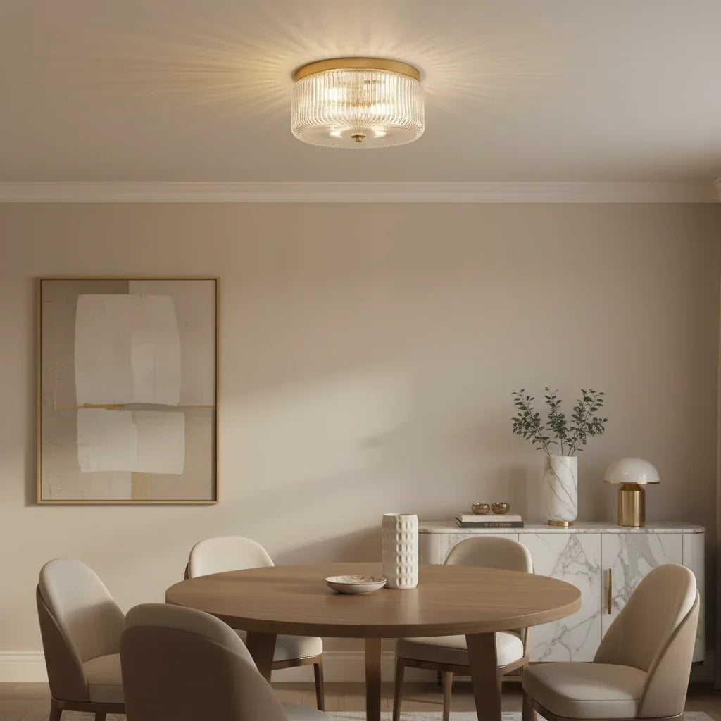 Round Ribbed Glass Ceiling Light with Gold Finish for Ambient Lighting