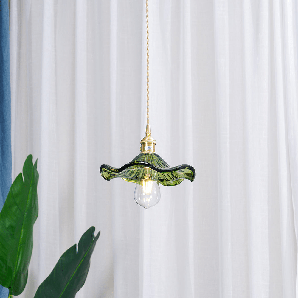 Vintage Hibiscus Glass Pendant Light With Brass Fixture