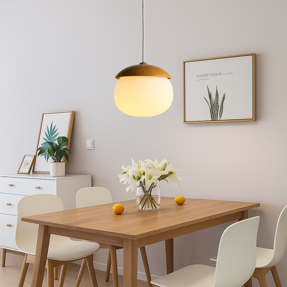 Nordic Wooden Glass Pendant Light With Adjustable Suspension