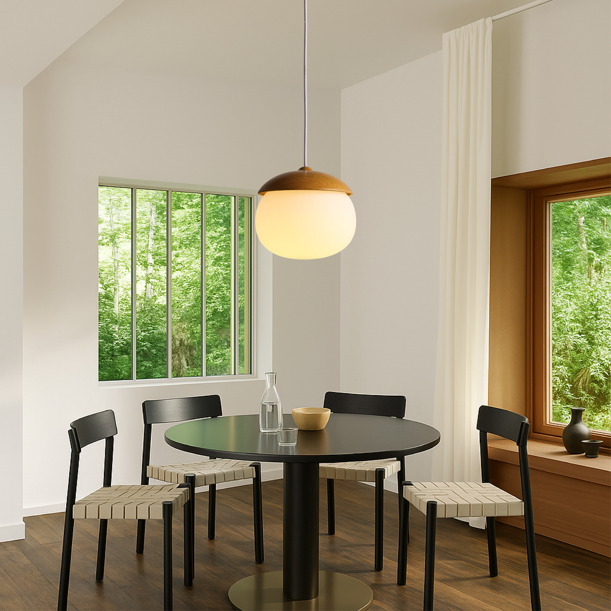 Nordic Wooden Glass Pendant Light With Adjustable Suspension