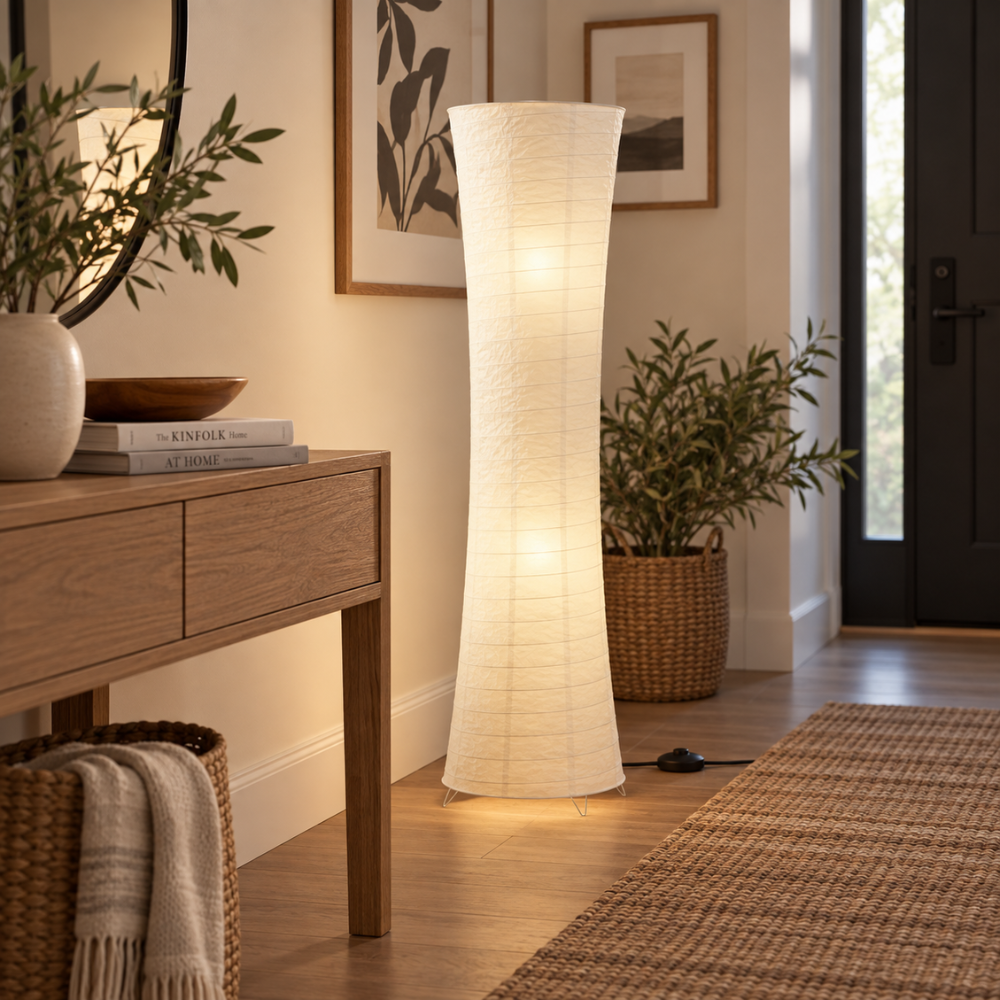 Sculptural Rice Paper LED Floor Lamp for Warm Ambient Living Room Lighting