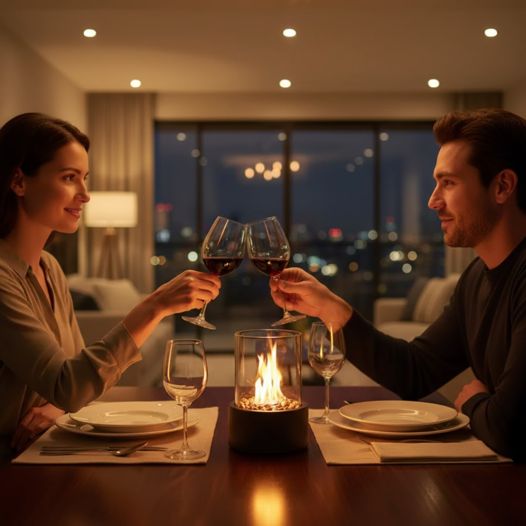 Tabletop Bioethanol Fireplace With Glass Cylinder And Metal Base