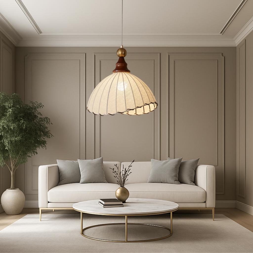 Vintage Pleated Fabric Pendant Light With Wooden Frame for Diffused Lighting