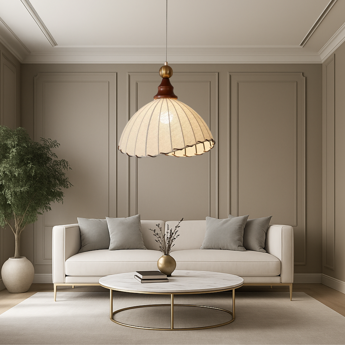 Vintage Pleated Fabric Pendant Light With Wooden Frame for Diffused Lighting