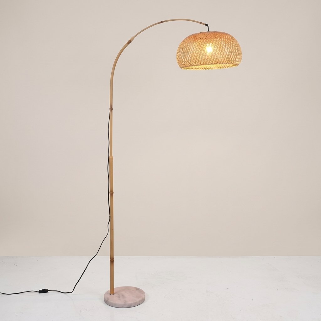 Nelvara Adjustable Arc Floor Lamp With Woven Rattan Shade And Marble Base