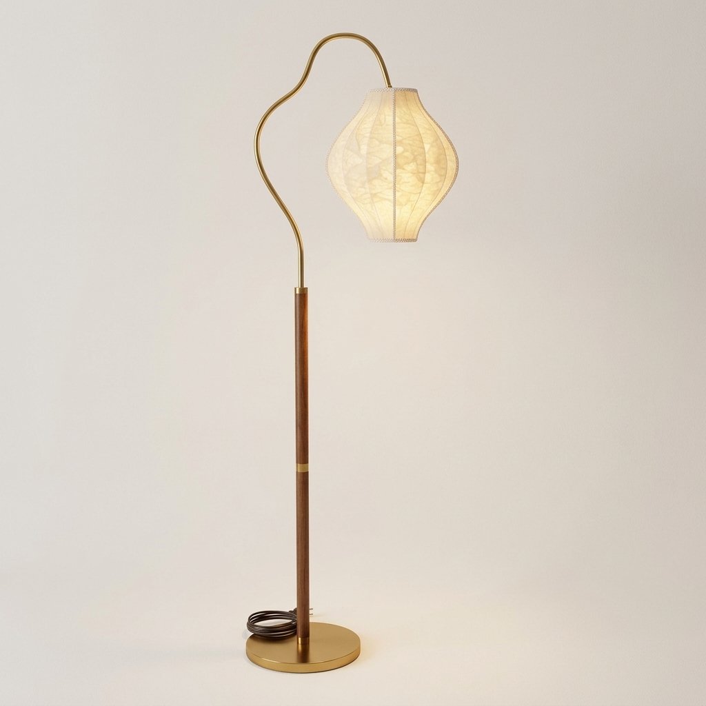 Lanaris Arc Floor Lamp with Pleated Fabric Shade and Walnut Finish Pole