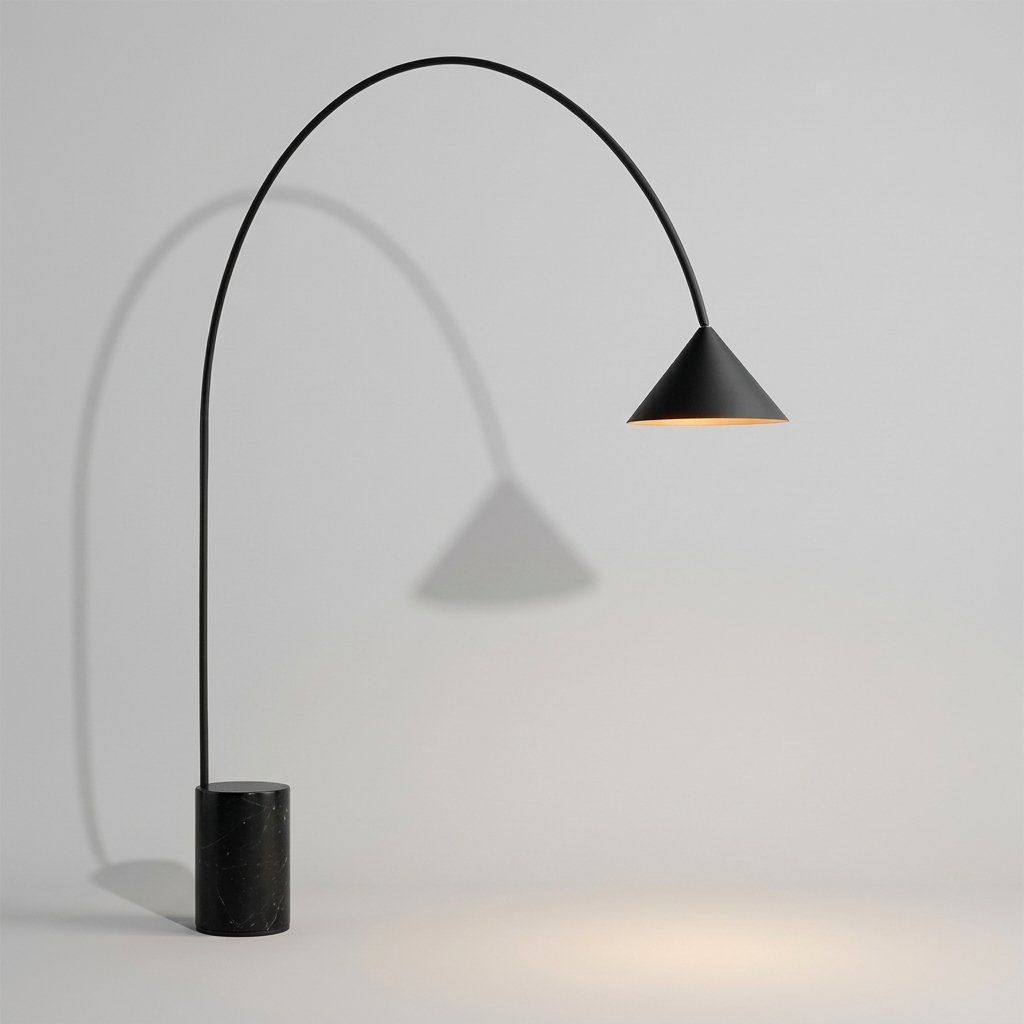 Arcvelle Arched Floor Lamp With Marble Plinth Base And Conical Metal Shade