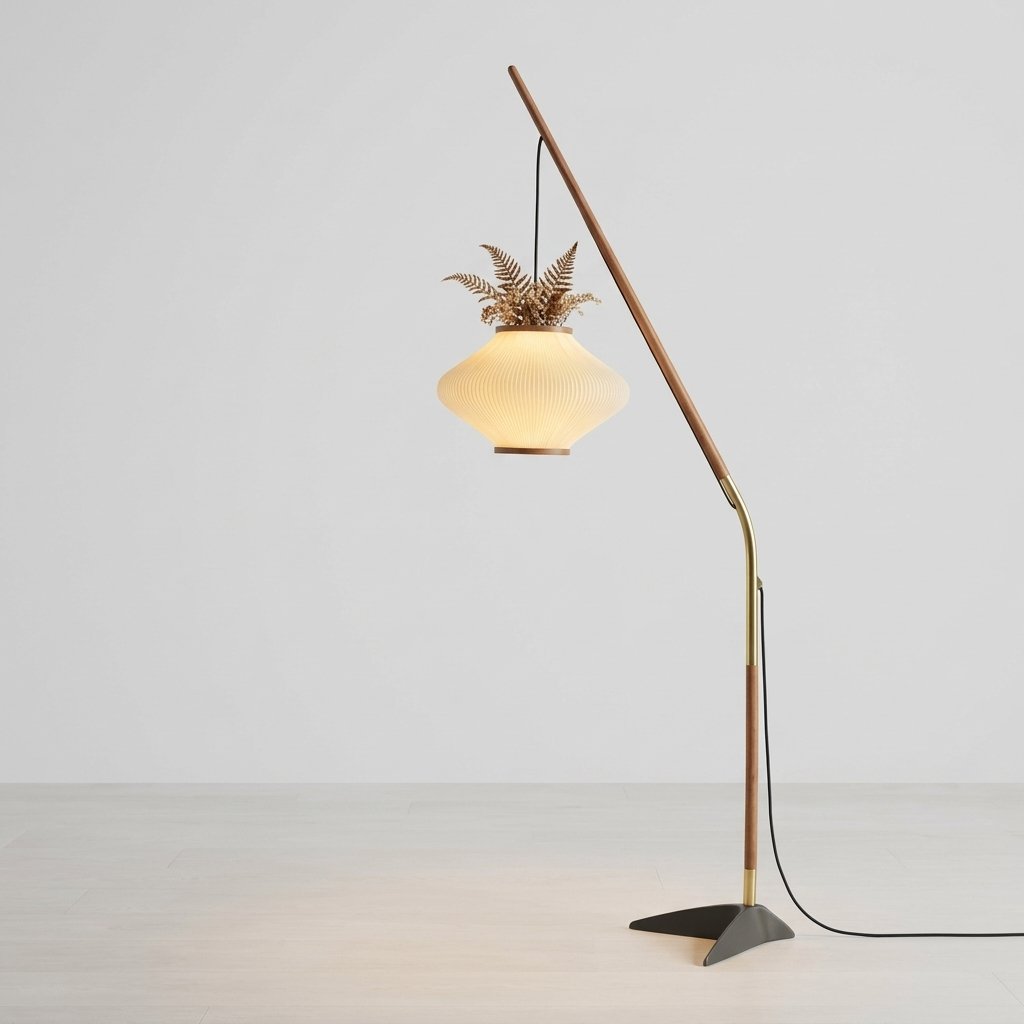 Arcivello Pleated Arc Floor Lamp with Walnut Tone Arm and Cream Ribbed Shade