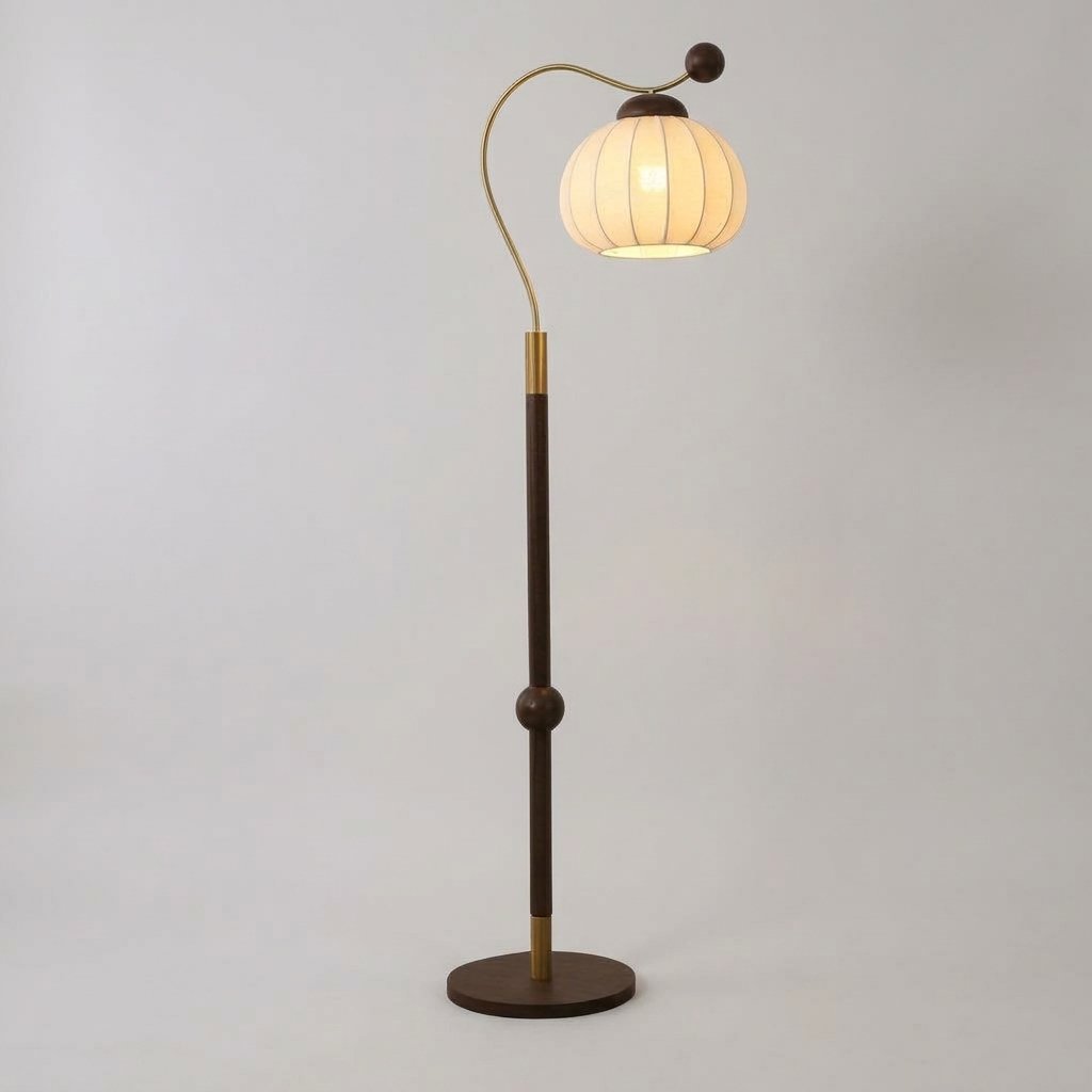 Pilovelle Retro Arc Floor Lamp With Pleated Pumpkin Shade and Walnut Finish pole