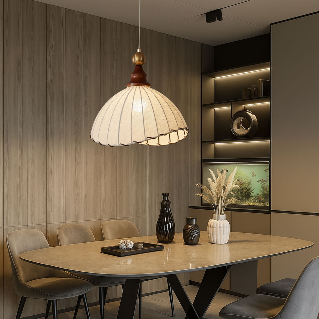 Vintage Pleated Fabric Pendant Light With Wooden Frame for Diffused Lighting