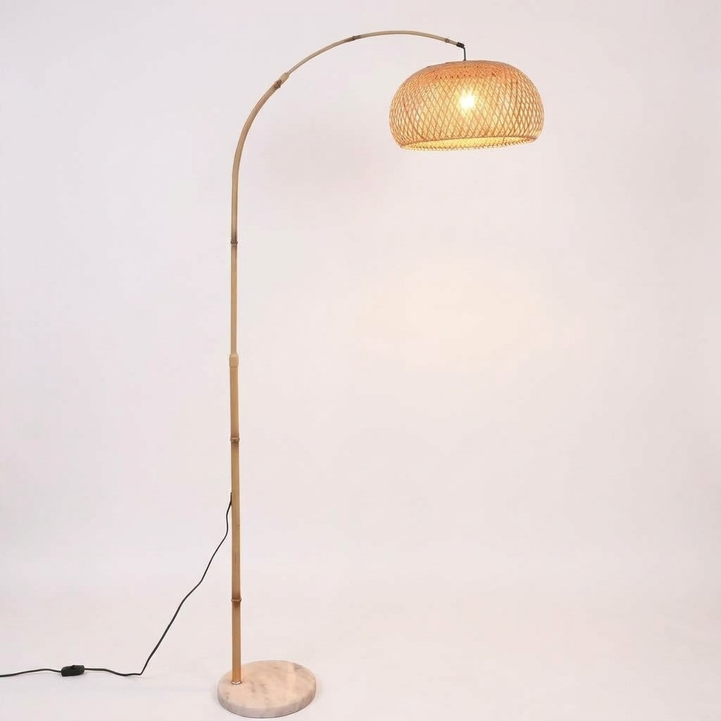 Nelvara Adjustable Arc Floor Lamp With Woven Rattan Shade And Marble Base