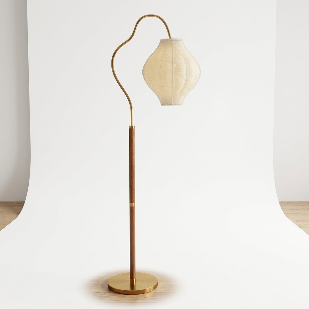 Lanaris Arc Floor Lamp with Pleated Fabric Shade and Walnut Finish Pole
