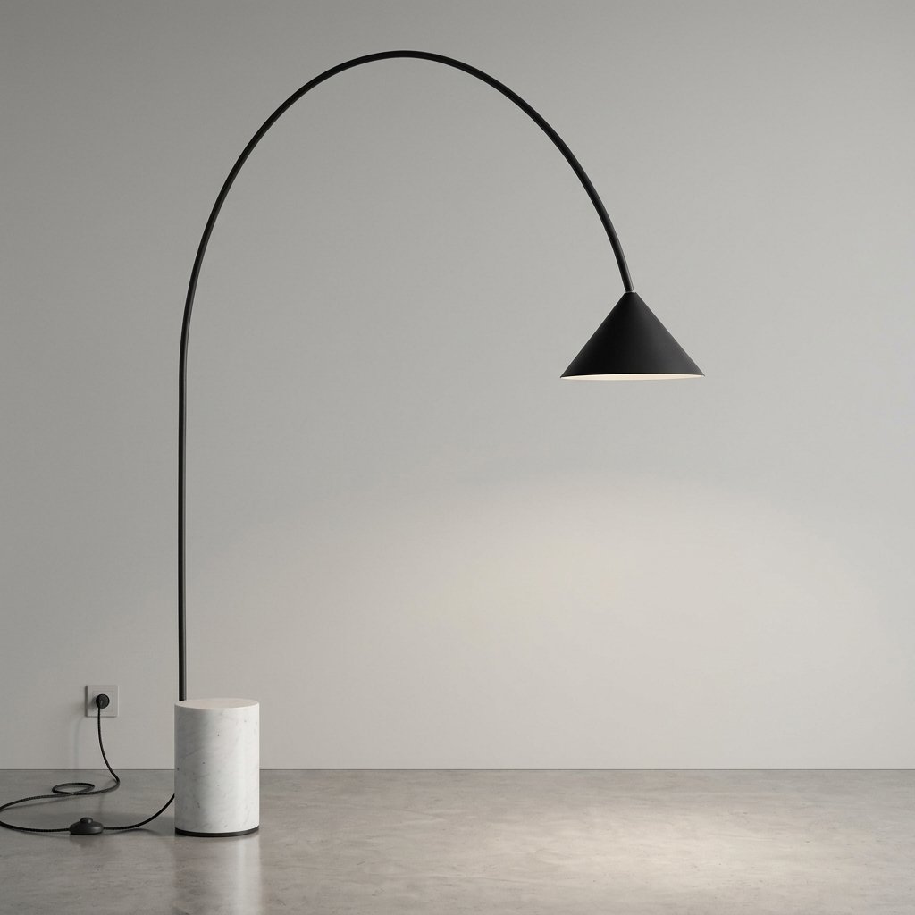 Arcvelle Arched Floor Lamp With Marble Plinth Base And Conical Metal Shade