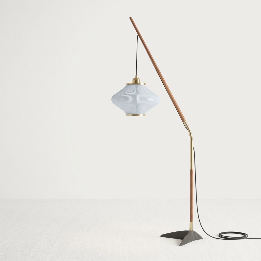 Arcivello Pleated Arc Floor Lamp with Walnut Tone Arm and Cream Ribbed Shade