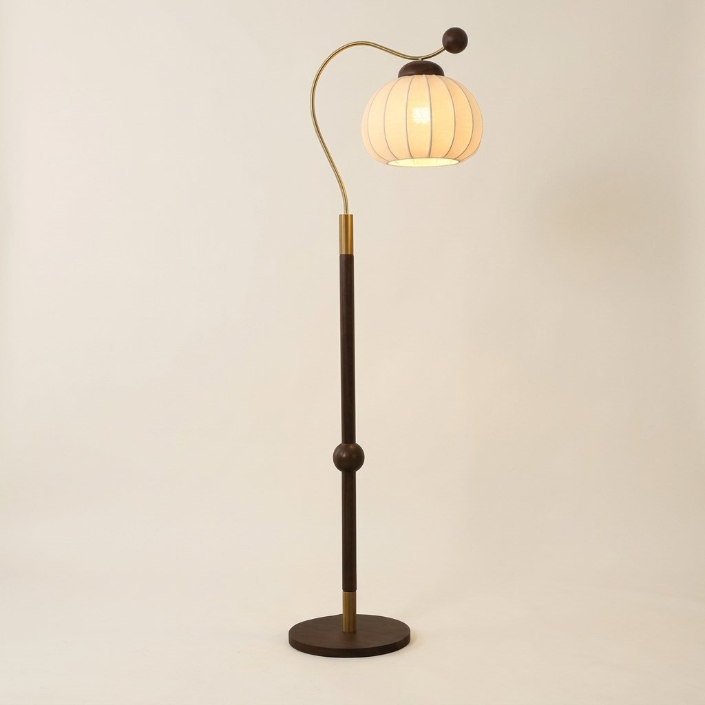 Pilovelle Retro Arc Floor Lamp With Pleated Pumpkin Shade and Walnut Finish pole
