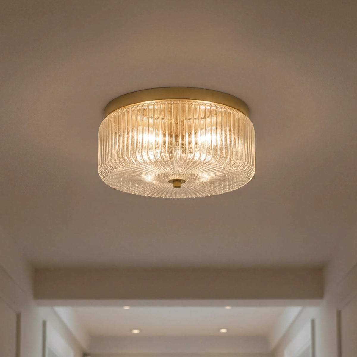 Round Ribbed Glass Ceiling Light with Gold Finish for Ambient Lighting