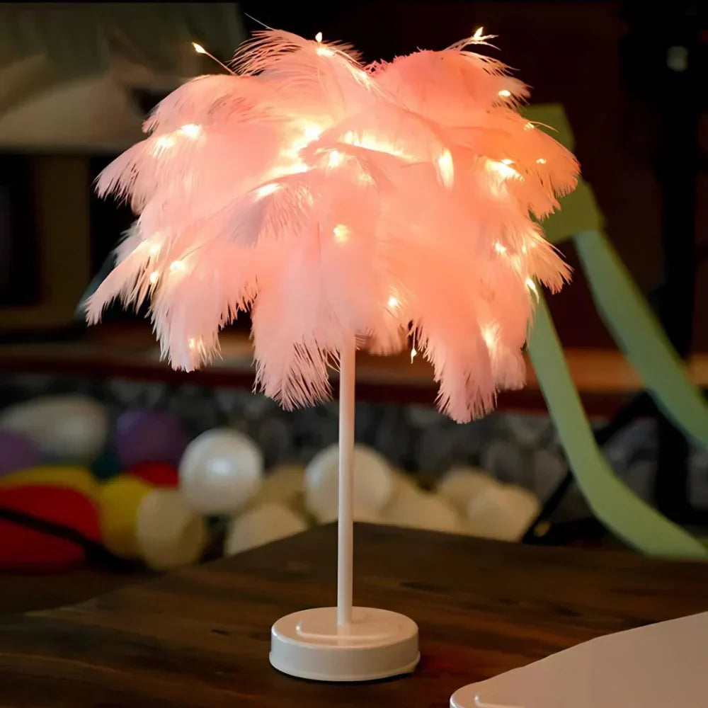 Feather Table Lamp With Metal Stem and Round Base for Ambient Lighting