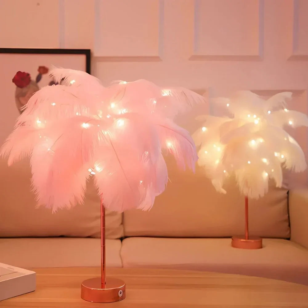 Feather Table Lamp With Metal Stem and Round Base for Ambient Lighting