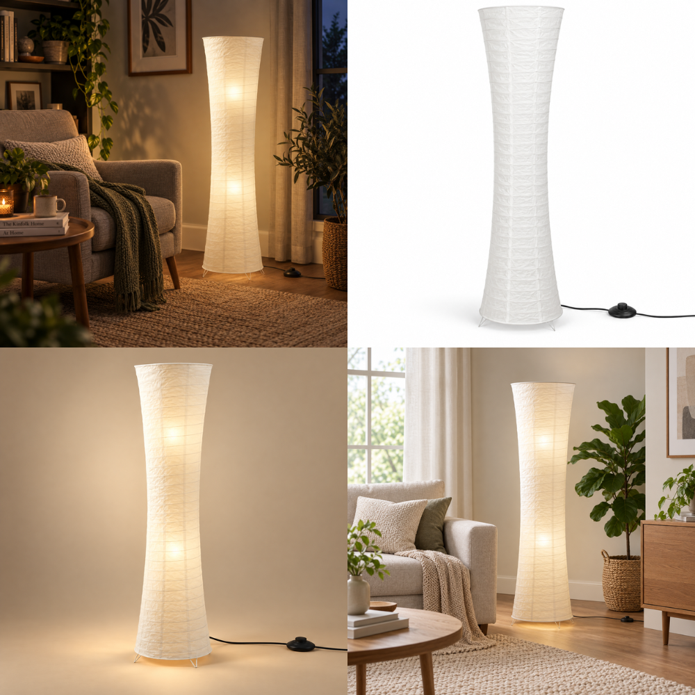 Sculptural Rice Paper LED Floor Lamp for Warm Ambient Living Room Lighting