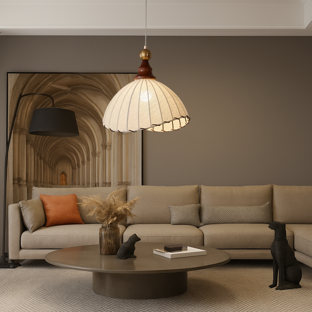 Vintage Pleated Fabric Pendant Light With Wooden Frame for Diffused Lighting