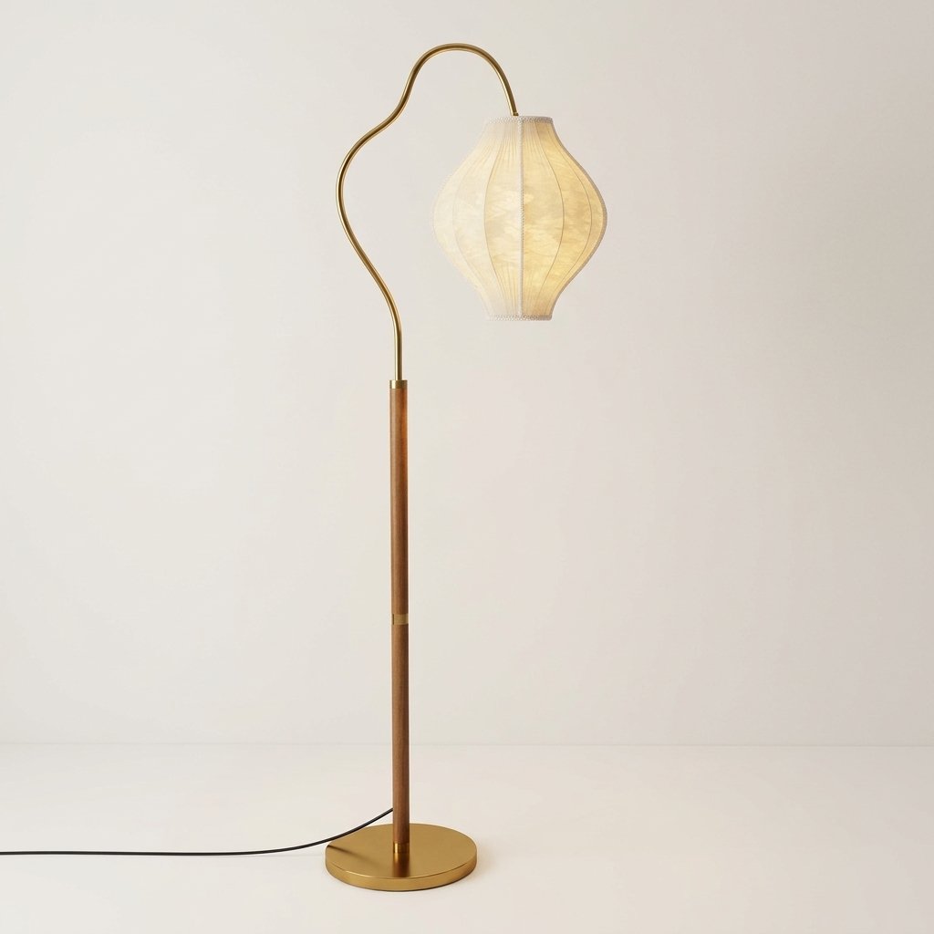 Lanaris Arc Floor Lamp with Pleated Fabric Shade and Walnut Finish Pole