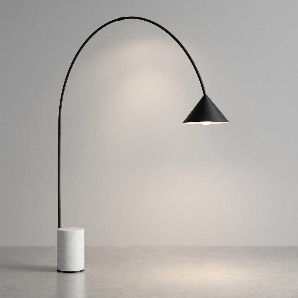 Arcvelle Arched Floor Lamp With Marble Plinth Base And Conical Metal Shade