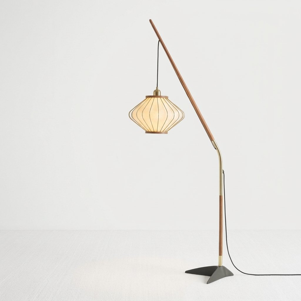 Arcivello Pleated Arc Floor Lamp with Walnut Tone Arm and Cream Ribbed Shade