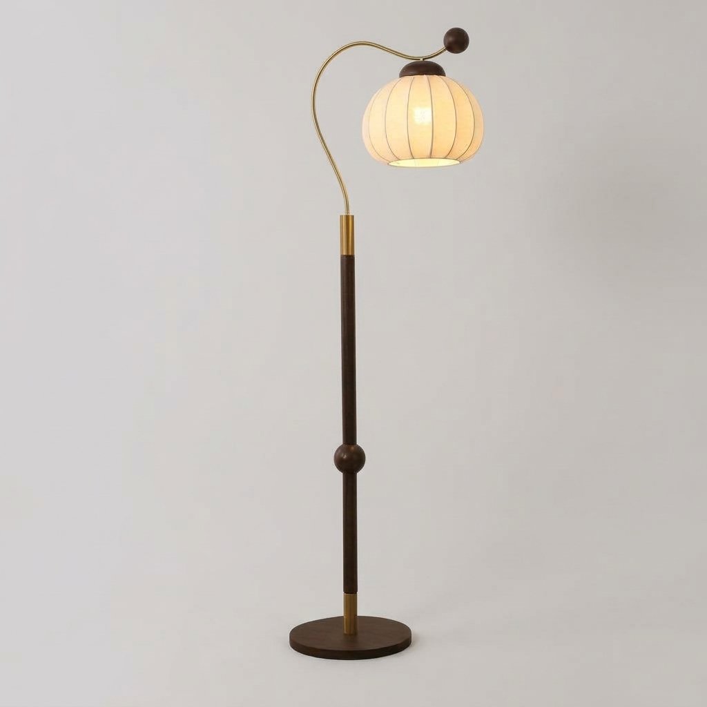 Pilovelle Retro Arc Floor Lamp With Pleated Pumpkin Shade and Walnut Finish pole