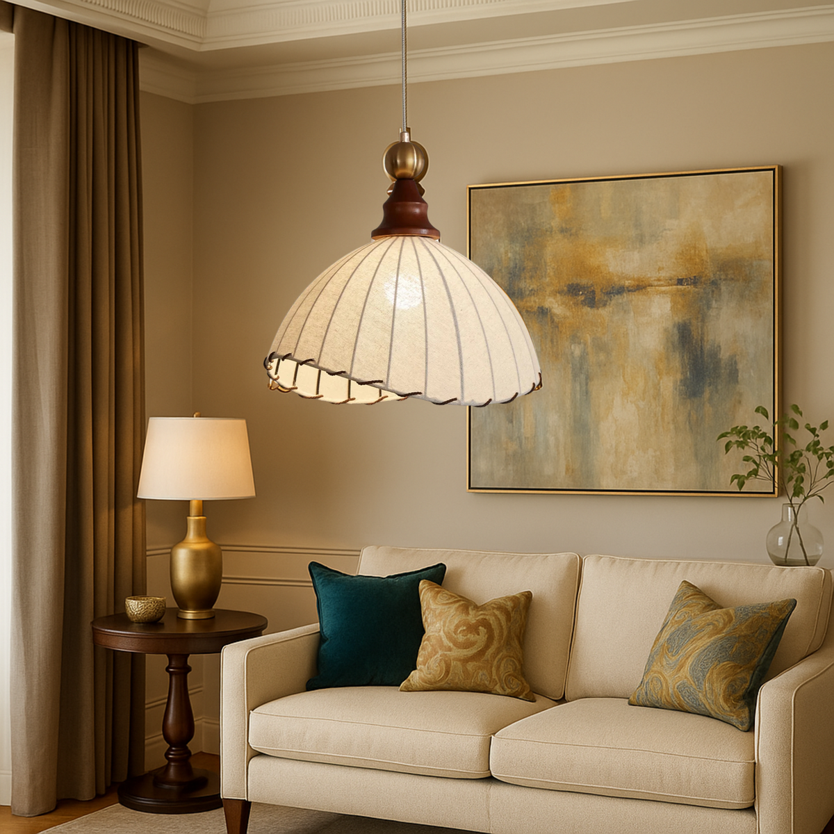 Vintage Pleated Fabric Pendant Light With Wooden Frame for Diffused Lighting