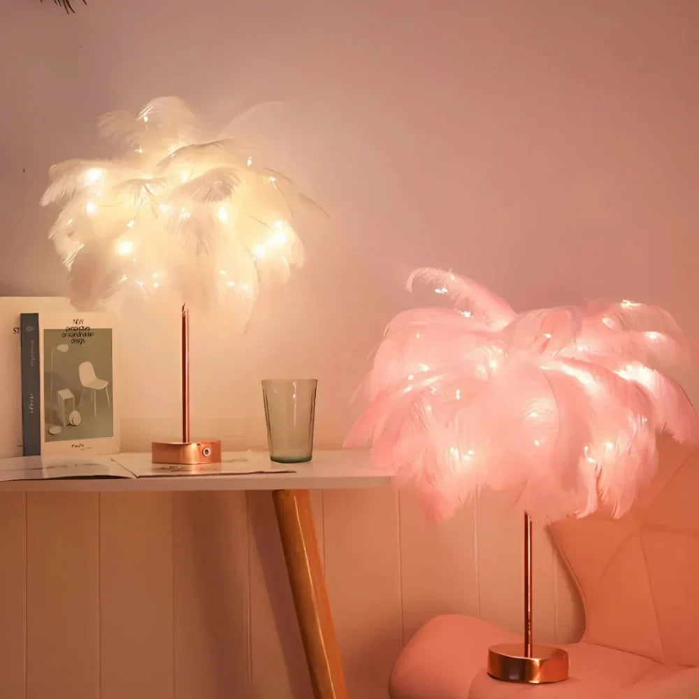 Feather Table Lamp With Metal Stem and Round Base for Ambient Lighting
