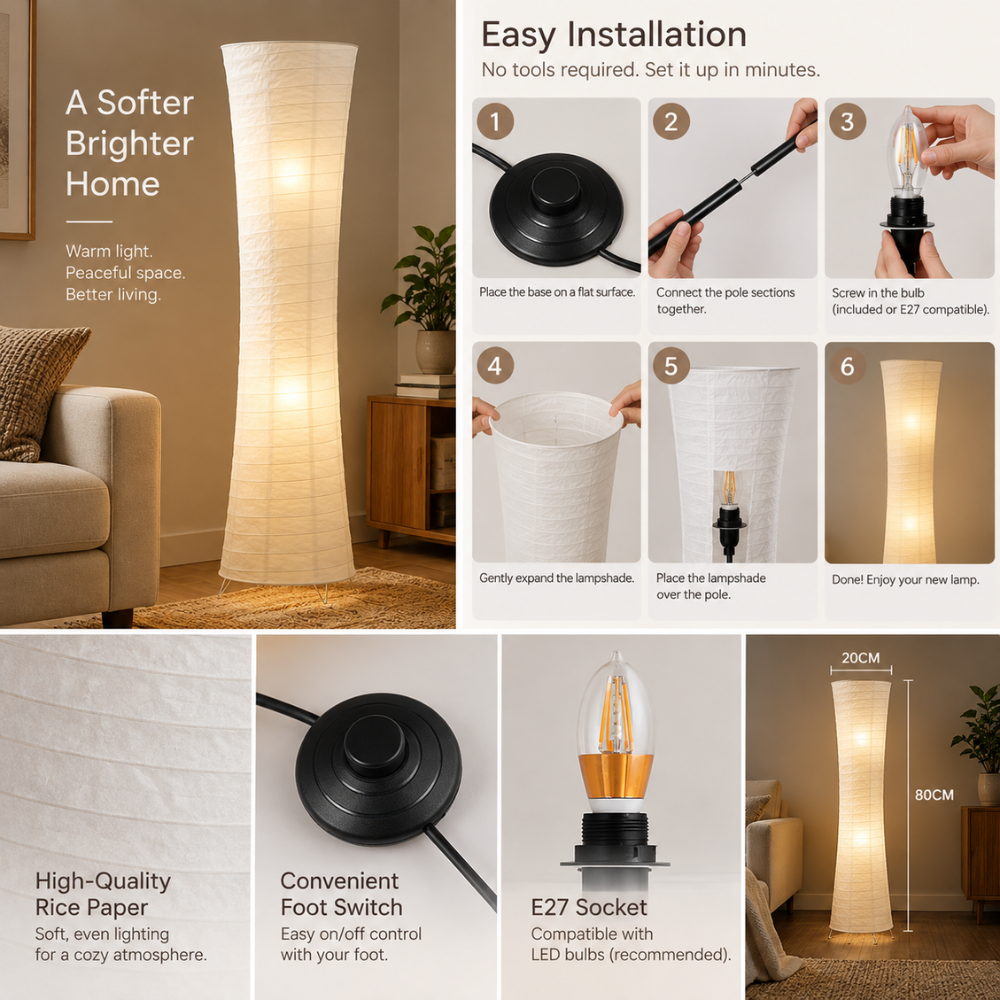 Sculptural Rice Paper LED Floor Lamp for Warm Ambient Living Room Lighting