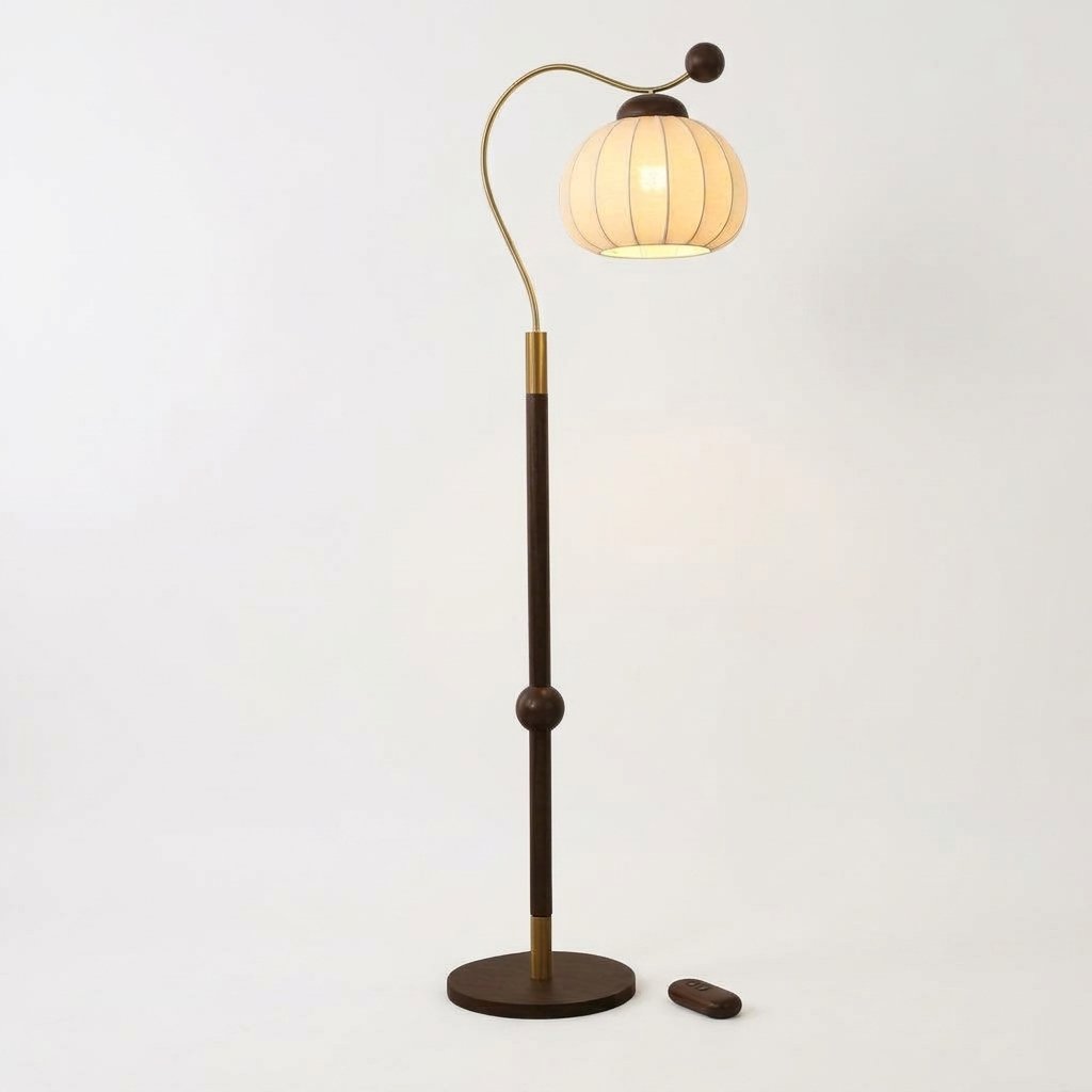 Pilovelle Retro Arc Floor Lamp With Pleated Pumpkin Shade and Walnut Finish pole