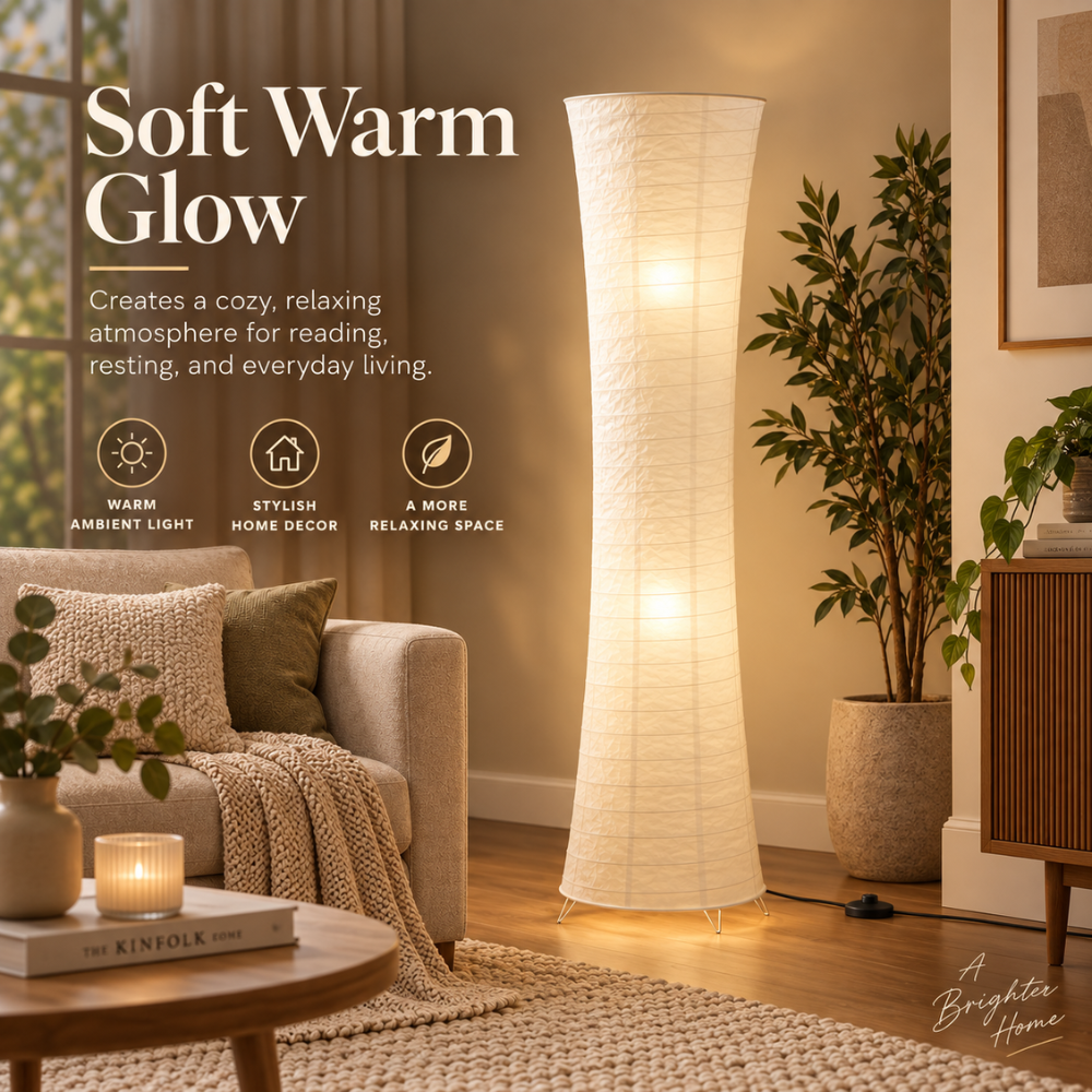Sculptural Rice Paper LED Floor Lamp for Warm Ambient Living Room Lighting