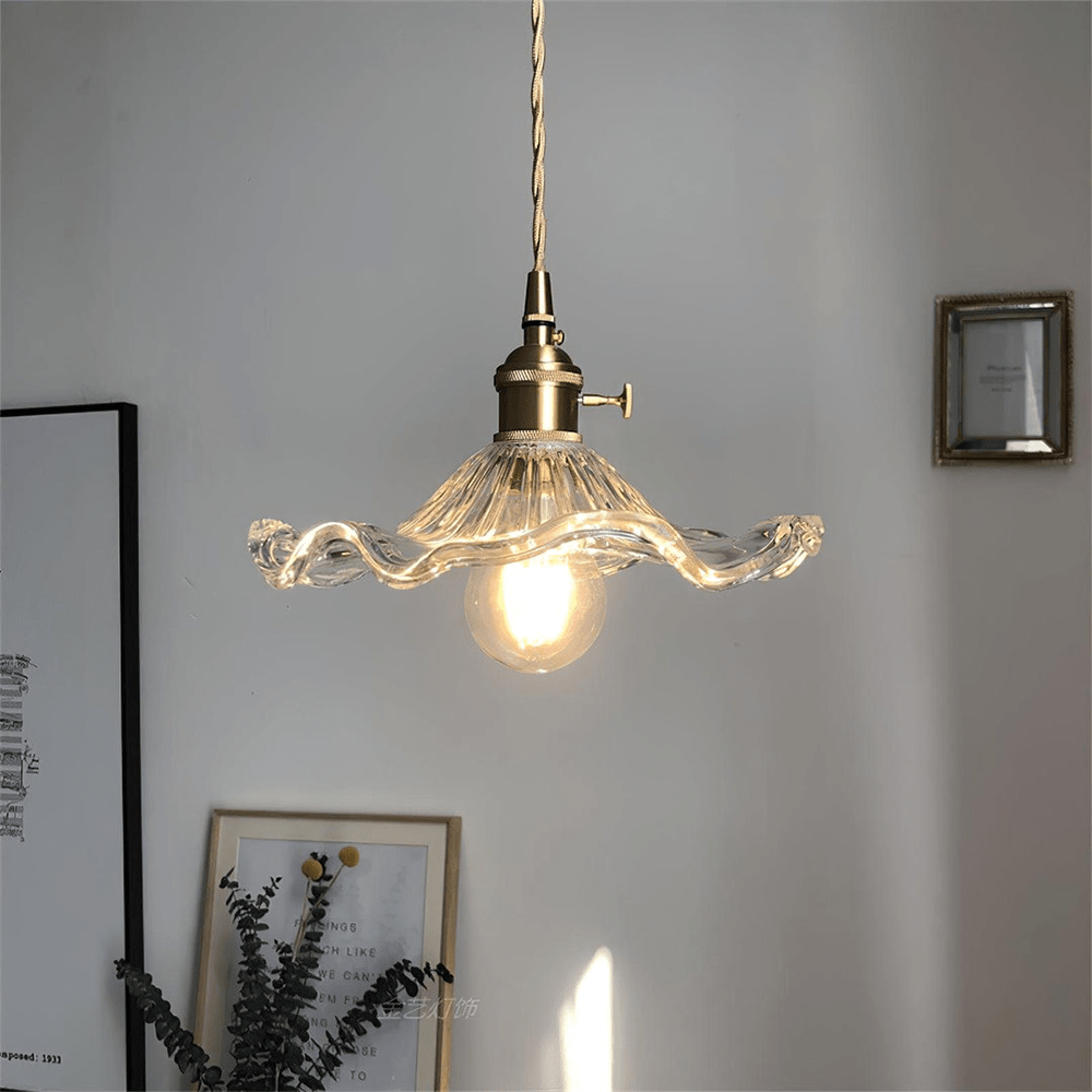 Vintage Hibiscus Glass Pendant Light With Brass Fixture
