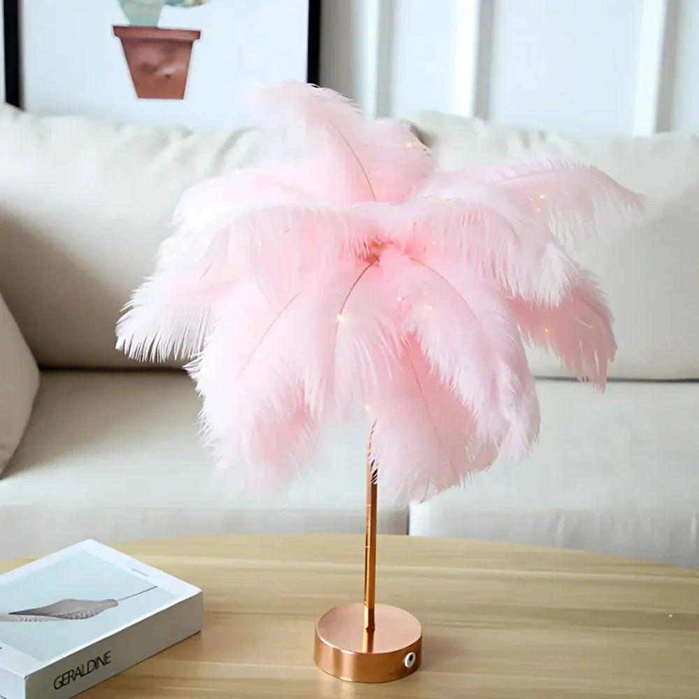 Feather Table Lamp With Metal Stem and Round Base for Ambient Lighting