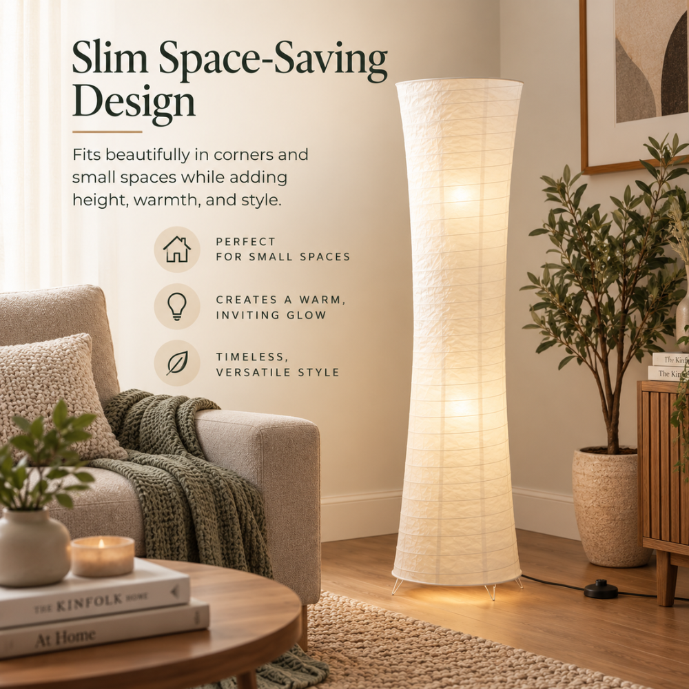Sculptural Rice Paper LED Floor Lamp for Warm Ambient Living Room Lighting