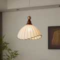 Vintage Pleated Fabric Pendant Light With Wooden Frame for Diffused Lighting