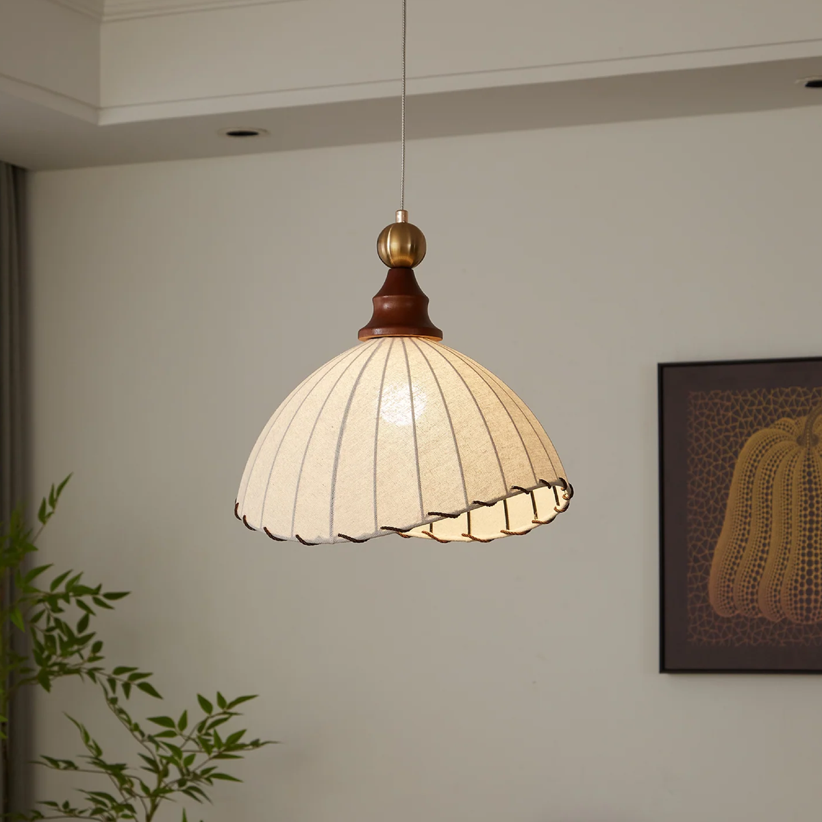 Vintage Pleated Fabric Pendant Light With Wooden Frame for Diffused Lighting