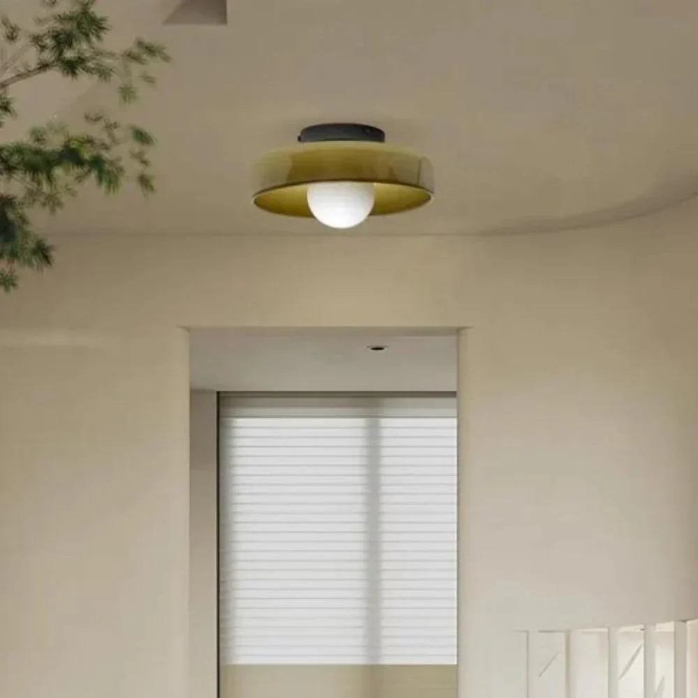 Olive Glass Disc Ceiling And Wall Light With Central Globe