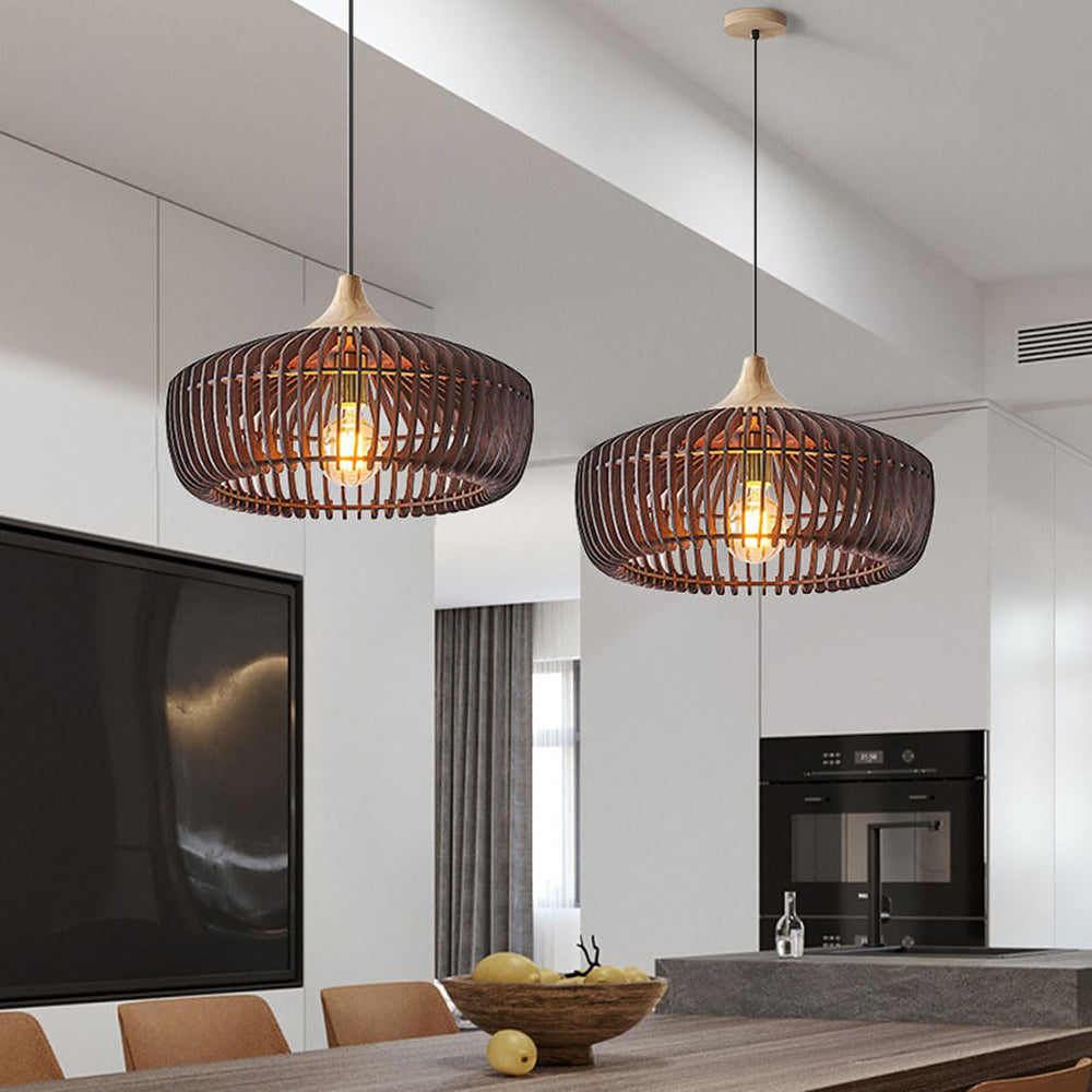 Nordic Bamboo Cage Pendant Light Wooden Slat Dome Fixture